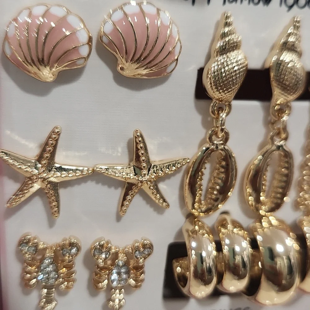 💛▪️House of Harlow  ▪️Nautical Gold Fish Shells Collection Of 7 Pairs Earrings